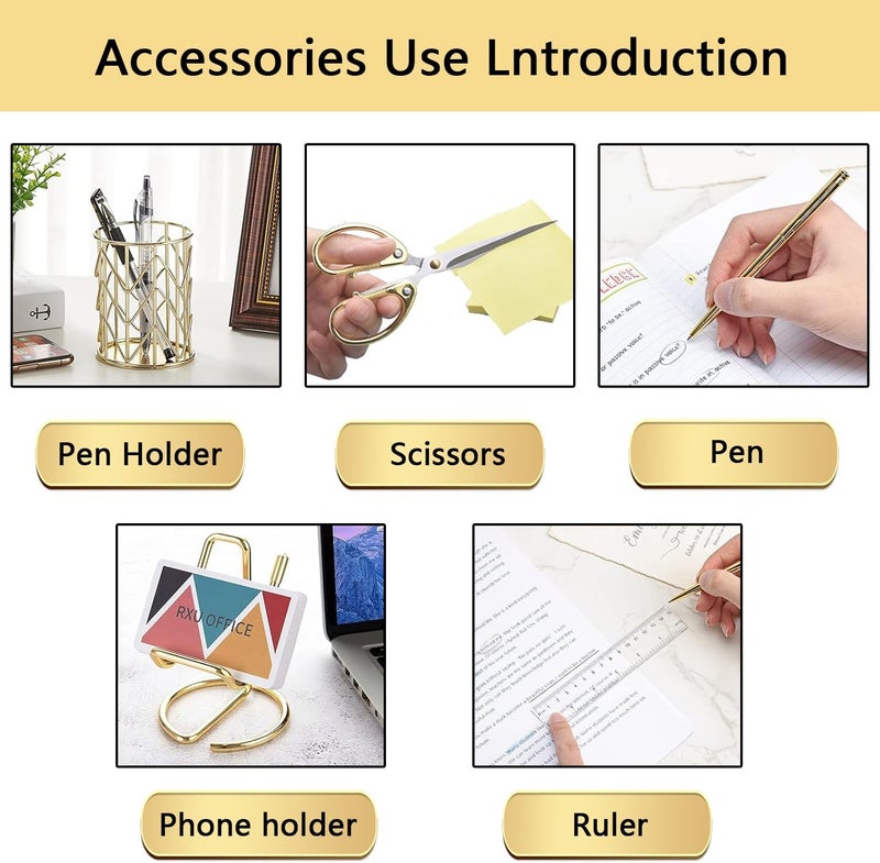 suniya Office Supplies,Desk Accessories,with Stapler,Tape Dispenser,Pen Holder Cup for Desk,Staple Remover,Scissor,Ballpoint Pen,Clear Tape, Staples,Phone Stand,Ruler,Binder,Best Gift Set(Gold) - Image 3